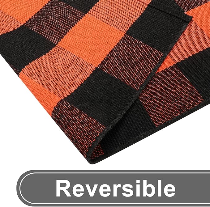 KIMODE Fall Outdoor Rug Buffalo Plaid Orange and Black 24"x51",Washable Cotton Fall Halloween Door Mat,Reversible Checkered Layering Rugs for Entryway,Halloween Front Porch Decor