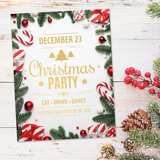 Pine and Presents Border Letter Paper - Set of 25 Christmas stationery papers are 8 1/2" x 11", compatible computer paper