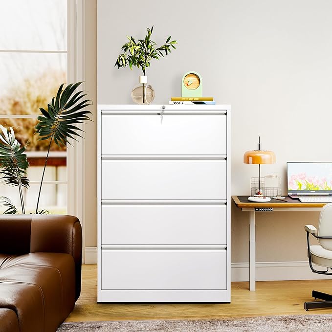 4-Drawer Lateral File Cabinet with Lock, Black Metal Filing Cabinet for Office or Home – Secure Storage for Letter/Legal/A4/F4 Documents, Easy to Assemble Locking File Organizer (White, 4 Drawer-52"H)