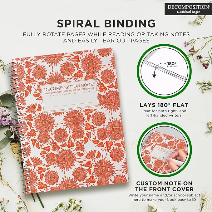 Decomposition 3-Pack Sunny Blossoms College Ruled Spiral Notebook - 9.75 x 7.5 Journal, 160 Lined Pages - 100% Recycled Paper - Notebooks for School Supplies, Home & Office - Made in USA