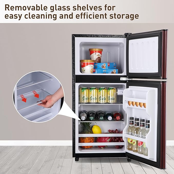 Mini Fridge with Freezer, 3.3 Cu. Ft. Double-Door Small Refrigerator with Adjustable 7-Level Thermostat & Separate Freezer, Dorm Fridge Compact for Kichen, RV, Office, Apartment, Wood