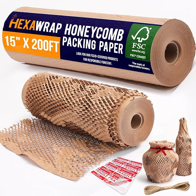 Honeycomb Packing Paper 15" x 200ft with Rope & 20 Fragile Stickers|Shipping & Moving Supplies|Small Business Packaging Supplies|Eco Friendly Bubble Wrap Packing Boxes for Moving Certified FSC C204227