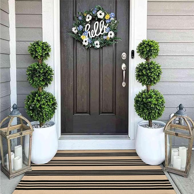 OJIA Outdoor Door Mat 27.5"x43", Black and Tan Outdoor Rugs Cotton Hand-Woven Front Door Rug Machine Washable Door Mats Striped Entry Rug for Front Porch/Farmhouse/Kitchen/Entryway/Outdoor Decor