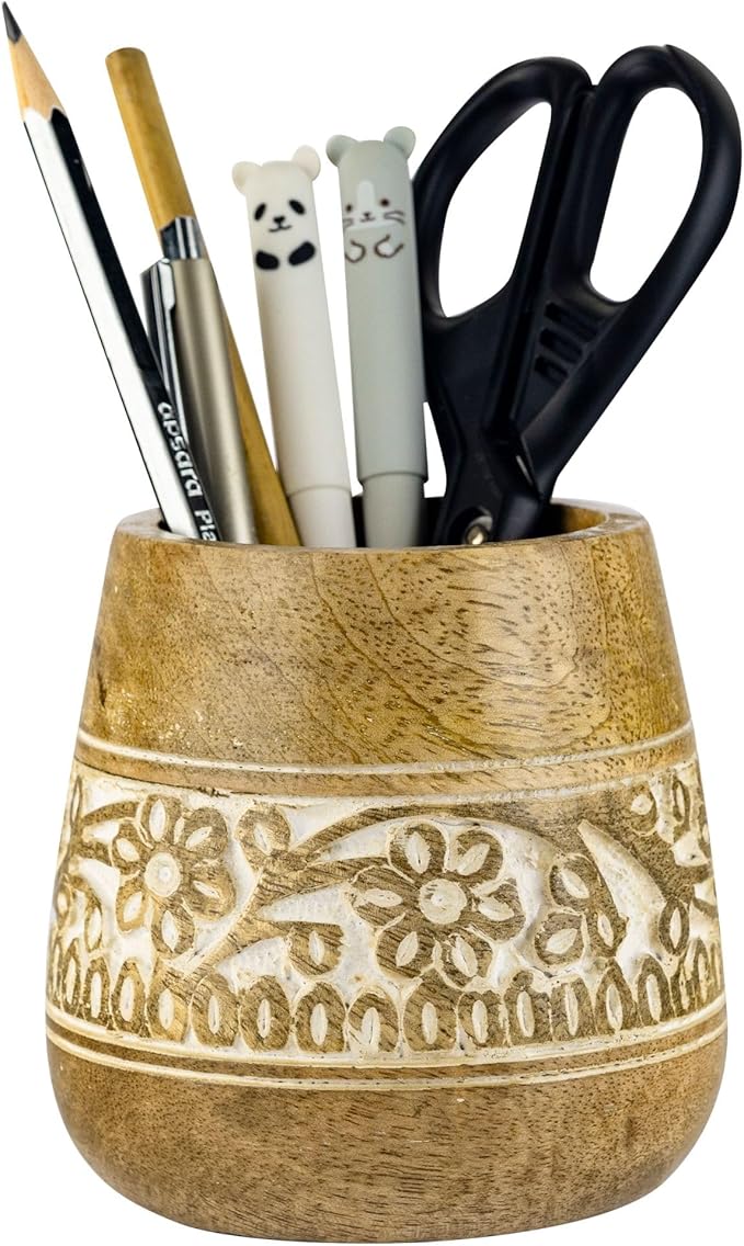 Mie Creations Designer Pencil Holder for Desk Wood | Paintbrush Holder Cup, Desk Accessories, Cute Make Up Brush Organizers | Office Desktop, Wooden Pen Stand | Stationary, Art Supplies | White-4''