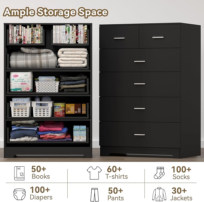 Dresser with Power Outlets Wooden 6 Drawer Dresser with Large Organizer Black Tall Storage Organizer with Smooth Metal Rail Modern Chest of Drawers Closet for Bedroom Hallway