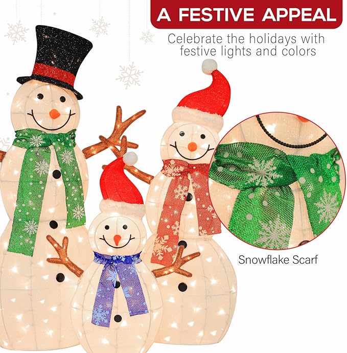 Hykolity 3.5 FT 3D Lighted Outdoor Snowman Family, Set of 3 Light Up Christmas Snowman with 180 Warm White LED Lights for Holiday Decoration, Ground Stakes, Zip Ties