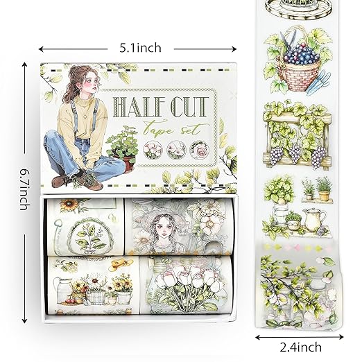 Snycler Pre-Cut Green Gardening Themed PET Washi Tapes - Vintage Aesthetic Tape Stickers for Journaling, Scrapbooking, Junk Journals, Crafts, Planners - 4 Rolls
