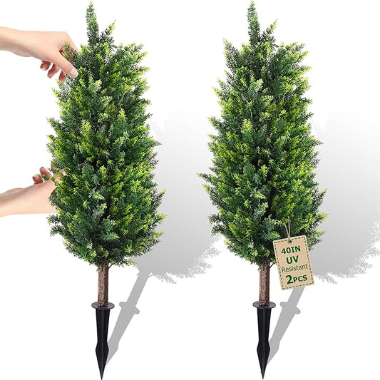 40inch Artificial Cedar Christmas Trees, 2 Sets Faux Cypress Topiary with Spikes, Weatherproof UV Resistant Fake Shrubs Cypress for Outdoor Front Porch Planters, Topiary Bush Balls Decor