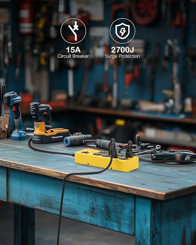 Heavy Duty Power Strip,Industrial Heavy Metal Case Surge Protector,8 AC Outlets,15Amp,2700 Joules,Protected' Indicator,14 Gauge Cord (Yellow, 15FT Length)