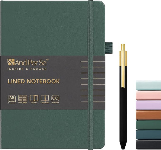 A5 Lined Leather Journal and Pen Set, Hardcover Notebook with Pen, 160 Pages 100gsm Thick Ruled Paper for Men Women, for Work, Business, School or Home Writing, 5.7'' x 8'' (Green-Set1)