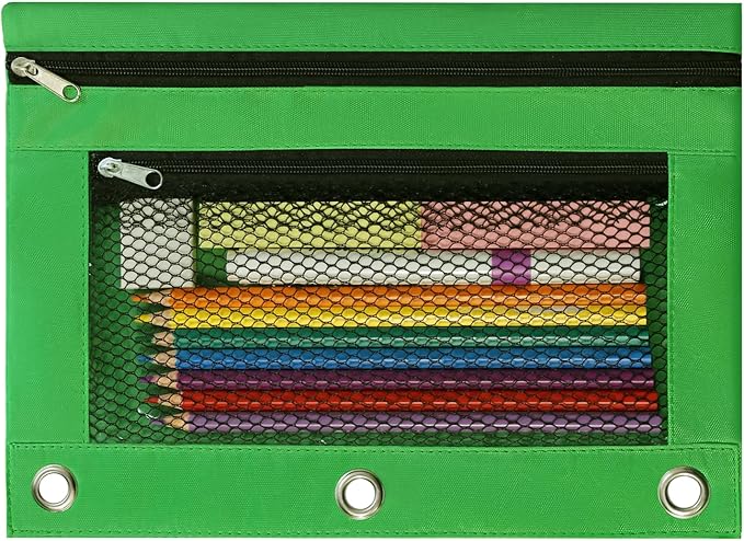 3 Ring Binder Pencil Pouch - School Pencil Case with 2 Zippered Pockets, Clear Mesh Window Pencil Bag, B5 Size, Back to School Gifts (Green)