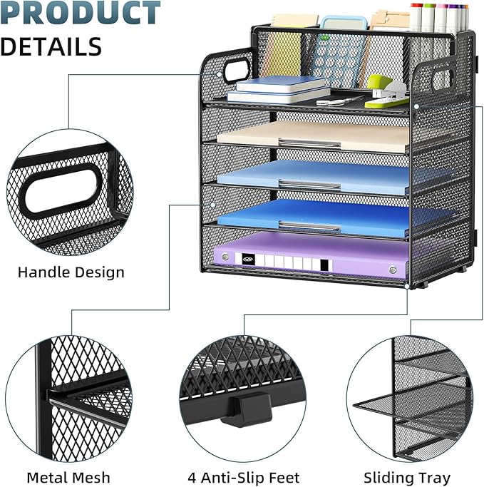 Marbrasse 5 Tier Paper Organizer with 3 Pen Holders, Mesh Desk File Organizer with Handle, Paper Sorter Desk Organizer for Home Office Supplies(Black)