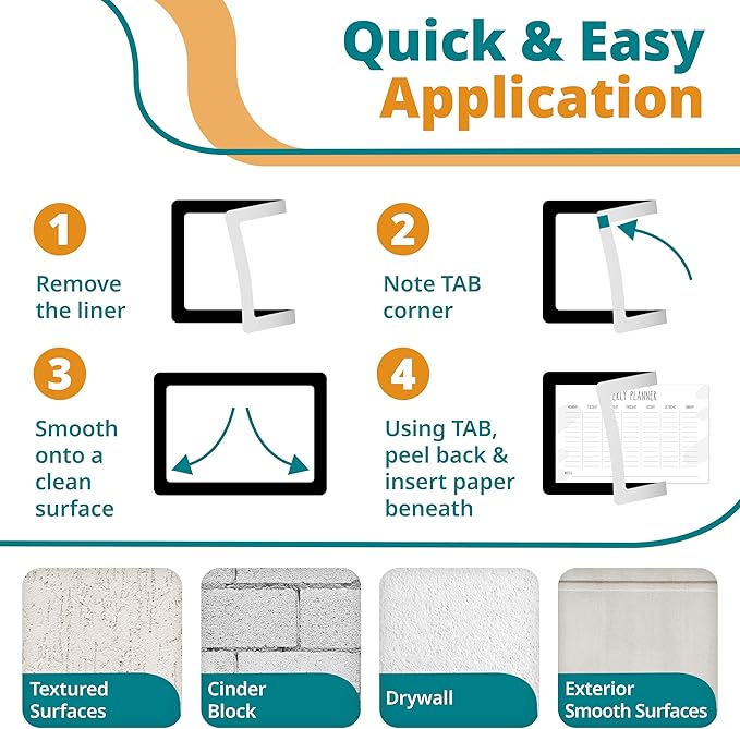 8.5 x 11 Adhesive Wall Frames - Peel & Stick Picture Frames, Wall Sign Holder, Paper & Letter Protector Sheets, Reusable Picture Frame, Dry Erase, Non Magnetic & Non Acryclic - Black, Pack of 5