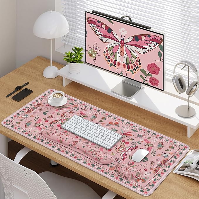 iCasso Large Mouse pad for Desk, Computer Desk Mat, 3Pcs XXL Keyboard and Mouse Pad + Keyboard Wrist Rest, Desk Matt for Desktop, Easy Typing Pain Relief Ultra Thick Mousepad Keyboard Mat(Pink)