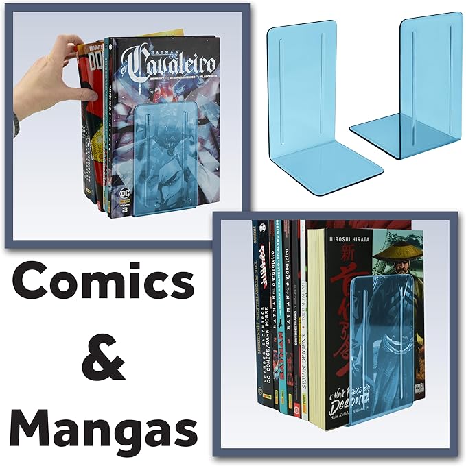 Acrimet Bookends 1 Pair, Clear Plastic Bookends for Shelves or Desktop, Book Holder for Home, Office, Library, School (Clear Blue Color)