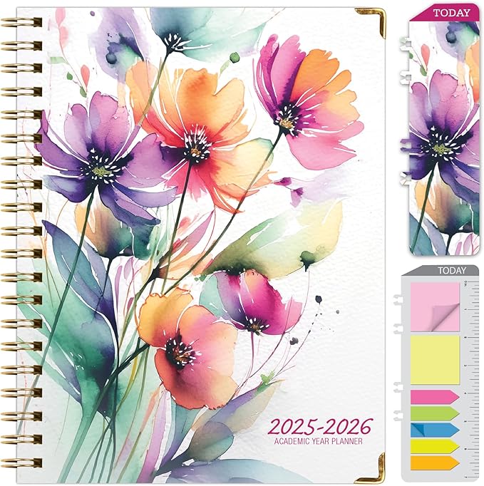 HARDCOVER Academic Year 2025-2026 Planner: (June 2025 Through July 2026) 8.5"x11" Daily Weekly Monthly Planner Yearly Agenda. Bookmark, Pocket Folder and Sticky Note Set (Rainbow Floral)