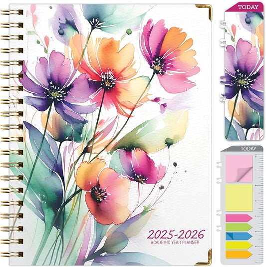 HARDCOVER Academic Year 2025-2026 Planner: (June 2025 Through July 2026) 8.5"x11" Daily Weekly Monthly Planner Yearly Agenda. Bookmark, Pocket Folder and Sticky Note Set (Rainbow Floral)