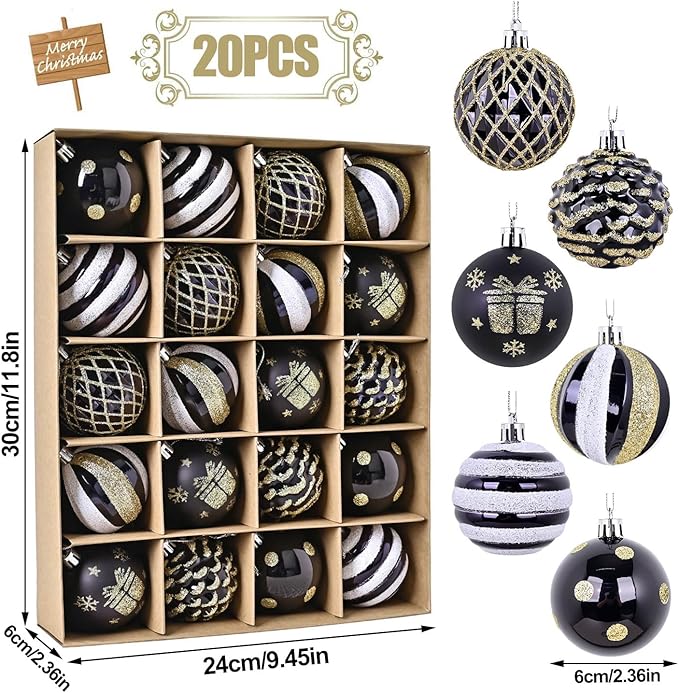 Christmas Tree Ball Ornaments 20ct Set, 2.36 Inch Black Gold White Classic Christmas Decorations, Shatterproof Hanging Ornaments for Xmas Holiday Decoration