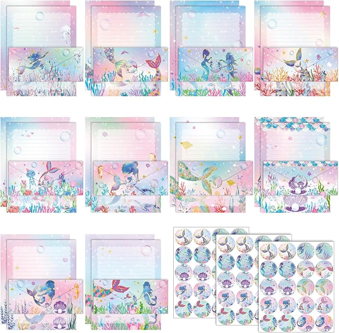 TaoBary 160 Pcs Stationery Paper Set 50 Double Sided Stationery Papers with 50 Matching Envelopes and 60 Round Dot Sticker, 10 Design(Mermaid,8.5 x 11 Inch)