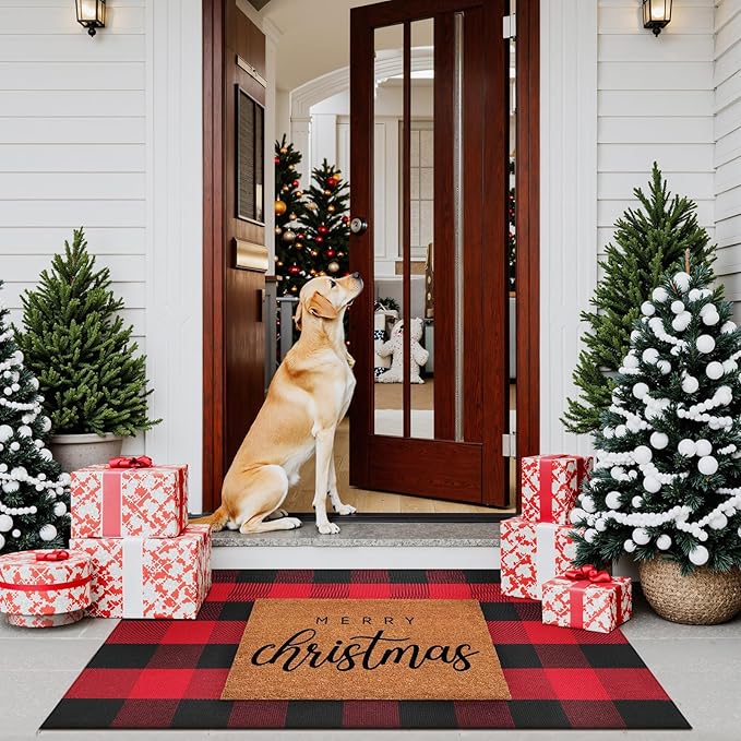 KIMODE Christmas Rug Outdoor 27.5"x43", Washable Christmas Doormat, Farmhouse Door Mats Outside, Red and Black Buffalo Plaid Rug, Reversible Outdoor Christmas Decor for Front Porch Entryway Kitchen