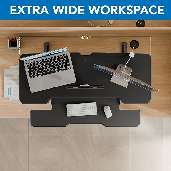 Mount-It! 47" Standing Desk Converter, Large Wide Tabletop Height Adjustable Desk Riser with Gas Spring, Desktop Sit Stand Up Desk with Keyboard Tray Fits 2 Monitors or Monitor and Laptop, Black