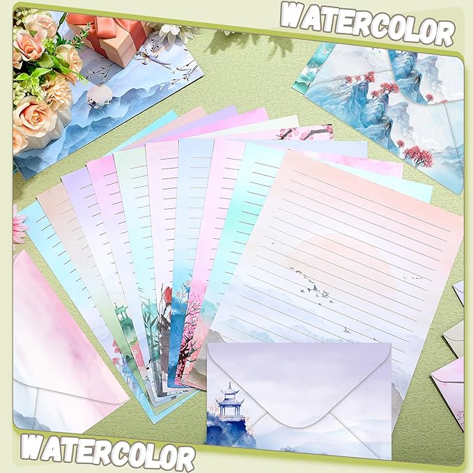 TaoBary 160 Pcs Stationery Paper Set 50 Double Sided Stationery Papers with 50 Matching Envelopes and 60 Round Dot Sticker, 10 Design(Ink Painting,8.5 x 11 Inch)