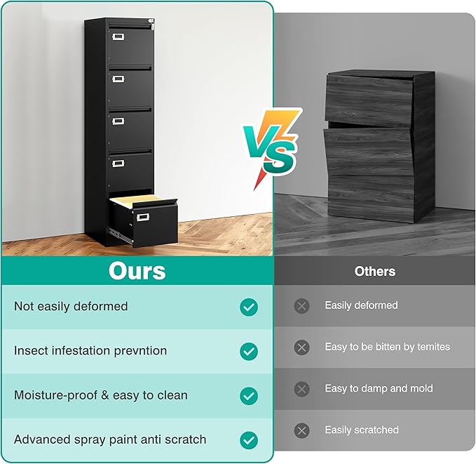 SISESOL 5 Drawer File Cabinet with Lock,15" Narrow Vertical File Cabinet Five drawer,Tall Office Filing Cabinets,Black Metal Filing Cabinets for Home Office,Fit A4,Legal,Letter Size,-Assembly Required