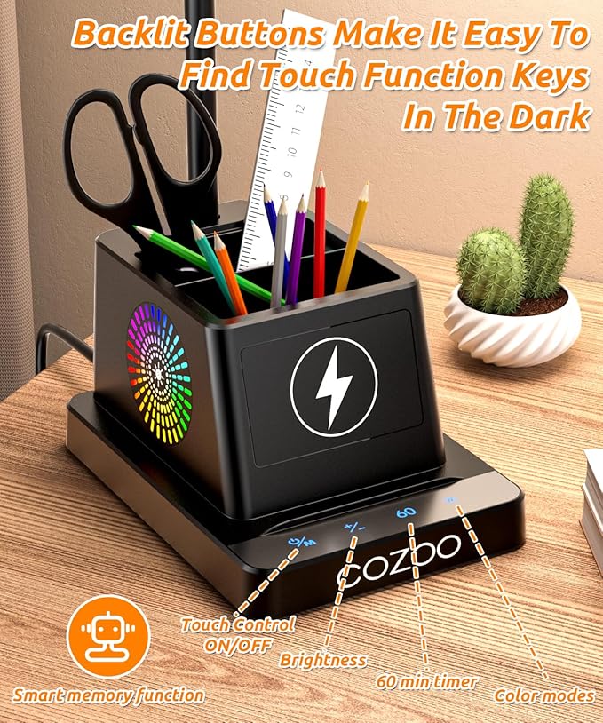 Desk Lamp with Wireless Charger, COZOO LED Desk Lamps for Home Office, Eye-Caring LED Light with Pen Holder for College Dorm Room, Gooseneck Table Lamp for Bedside Office Bedroom Study,Dorm Essentials