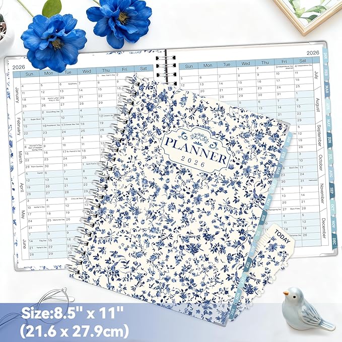 GuassLee Large 2026 Planner, Weekly and Monthly Planner from January 2026-December 2026, 8.5"x 11" Calendar Agenda Book with Back Pocket, Stickers for Home Office School Supply, Blue Floral, A4 Size