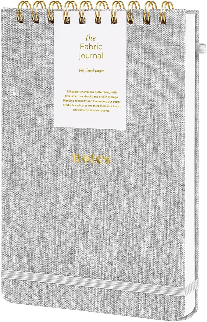 A5 Top Spiral Notebook – Hardcover Journal 160 Pages 100 GSM Thick Paper With Elastic Band & Pen Holder Steno Pads College Ruled Writing Notebooks for Work School Travel Gray