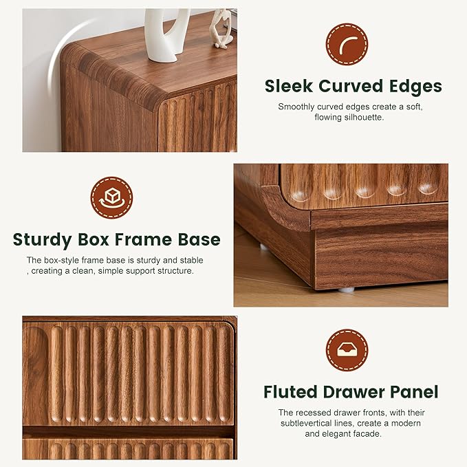 Fluted 3 Drawer Dressers for Bedroom, 31.5" Wide Large Mid Century Modern Nightstand 2 Sets W/3 Storage Drawers , Wood Dresser & Chest of Drawers with Curved Profile for Living Room (Walnut)