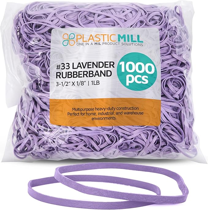 PlasticMill Lavender Rubber Bands Size 33 (3 1/2" x 1/8") - #33 Colored Rubber Bands Office Supplies - Strong, Elastic Bands for Crafts, Balloon Garland, Cash, File Folders (1,000-Pack)