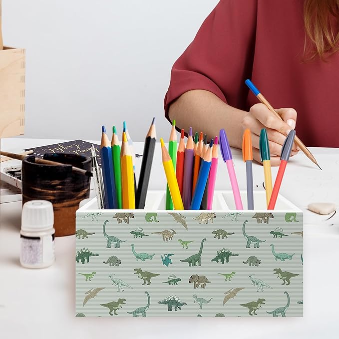 Dinosaur Gifts Pen Pencil Holder Organizer for Desk, Dinosaur Gifts for Boys Kids, Dino Striped Wooden Box Signs Decorations for Home Classroom Kids Boys Room Bedroom Desk Tabletop