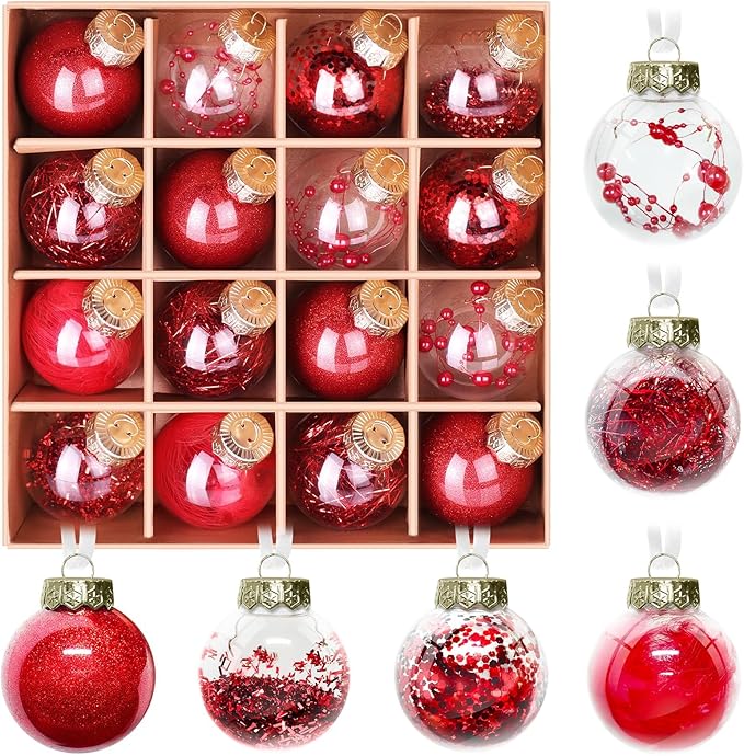 DeckTheHalls Christmas Ball Ornaments Set, 32-Piece Clear Plastic Decor for Crafts, Reusable DIY Festive Tree Decorations, Easy Hang Unbreakable Ornaments for Holiday, Party, Wedding (Red)