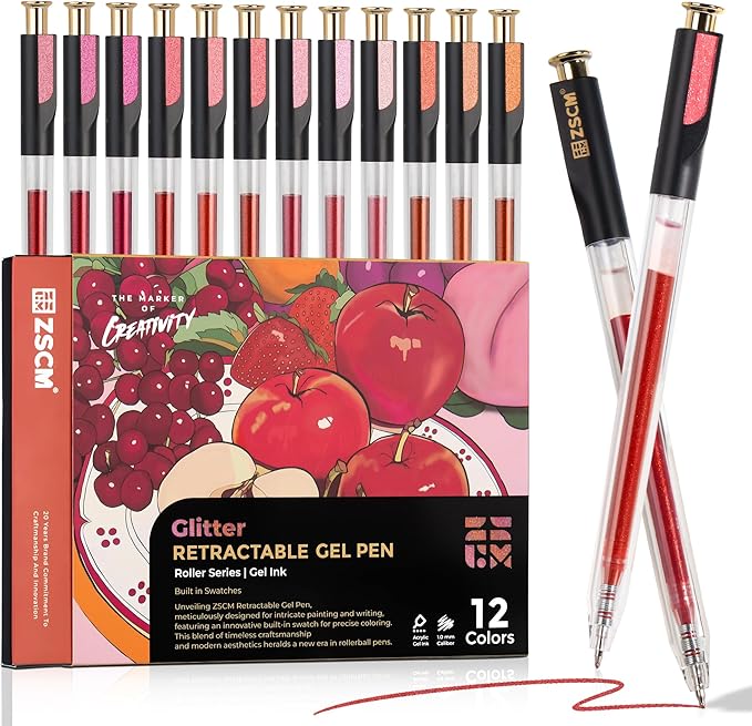 Retractable Glitter Gel Pens, 12 Colors Large Capacity Red Pink Glitter Metallic Gel Ink Pens, 1 mm Fine Point Smooth Writing Color Pens for Adult Coloring Book Note Taking Aesthetic Art Supplies