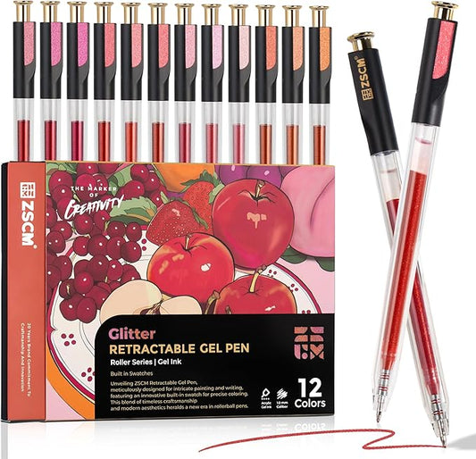 Retractable Glitter Gel Pens, 12 Colors Large Capacity Red Pink Glitter Metallic Gel Ink Pens, 1 mm Fine Point Smooth Writing Color Pens for Adult Coloring Book Note Taking Aesthetic Art Supplies