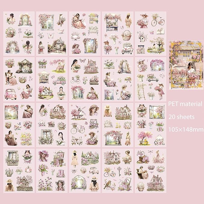 Snycler Pink Garden Series Sticker Book - 20 Sheets Vintage PET Stickers for Scrapbooking, Junk Journaling, Ephemera, and Decorative Crafts - Pre-Cut Nature Design Stickers