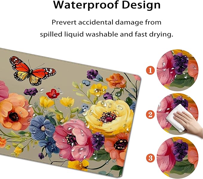 31.5”x11.8”Large Gaming Mouse Pad for Desk, Mouse Mat with Seamed Edges, Waterproof Desk Pad, Non-Slip Rubber Base, Keyboard Pad Computer Mat, Big XL Mousepad-Boho Floral with Butterflies