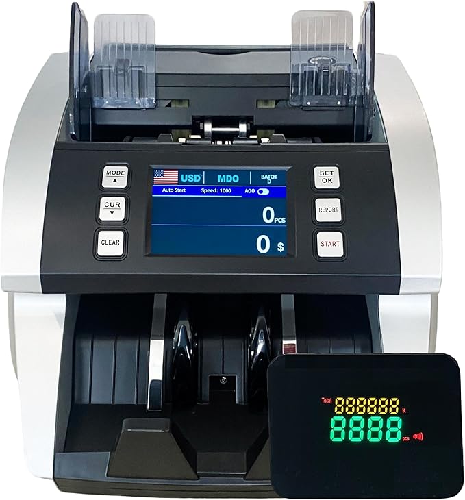 MA-600S Mixed Denomination USD Bill Counter Upgradable Money Counting Machine with CIS Sensor and Bank-Grade Detection & Large External Display Plus Optional Receipt Printing Function