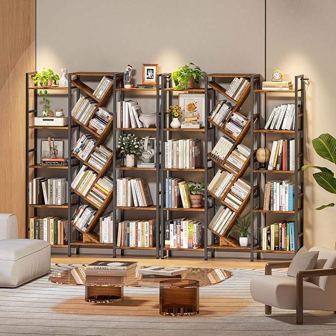 Triple 5 Tier Bookshelf, Large Bookcase Industrial Bookshelf with 19 Open Display Shelf, Wooden Wide Tall Tree Bookshelf for Living Room Home Office, Rustic Brown