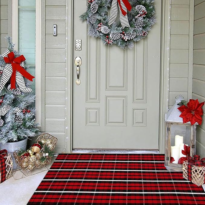 Christmas Plaid Outdoor Rug, 2'4" x 3'7" Red & Black Check Indoor/Outdoor Area Rug, Layering Rug for Hello/Welcome Door Mat, Machine Washable Cotton Woven Farmhouse Mat for Front Porch Décor
