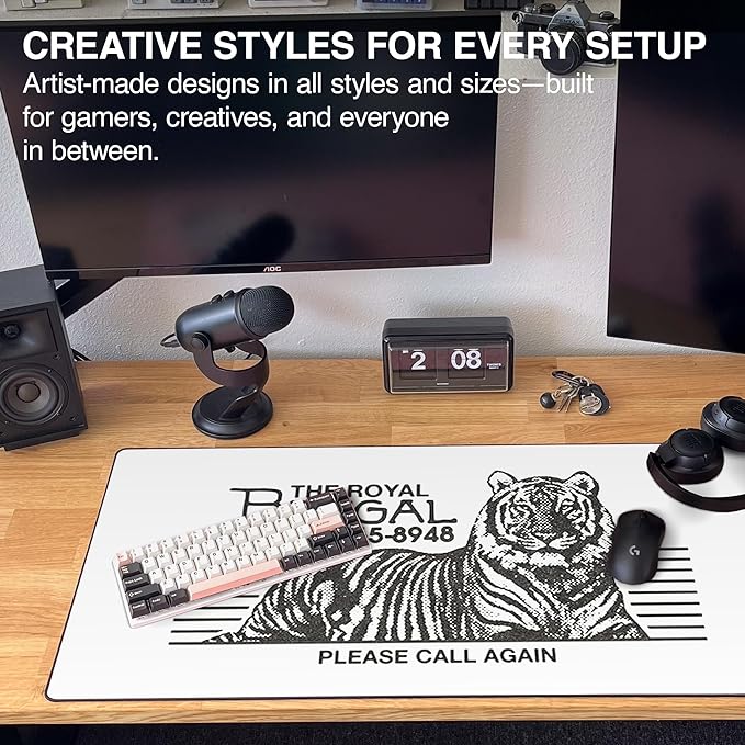 MPCO. OZGMX Large Gaming Desk Pad - 36" x 17" Duraglyde Fabric Royal Bengal White Desk Mats - Non-Slip, Washable, Smooth Glide for Precision Gaming & Work