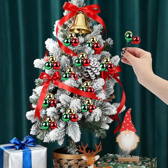 YIYA 18 PCS Christmas Tree Picks Ornaments 3 Color Red Green Gold Xmas Decor on Wired Stems Shatterproof Xmas Ball Picks Branches for Tree Vase Wreath Garland Indoor Outdoor Garden Holiday Party Decor