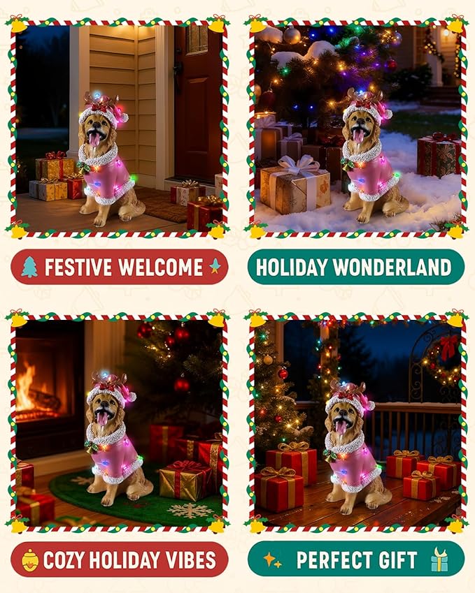 Christmas Outdoor Decoration Dog Statue, LED Light Cute Golden Retriever Dog Sculpture with Pink Santa Outfit & Lights for Garden and Yard, Indoor Holiday Décor Gift for mom and dad