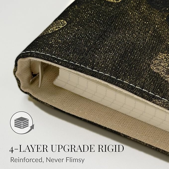 Refillable A5 Loose Leaf Hardcover Notebook, Luxury Gleaming Embroidered Butterfly Black & Gold 6-Ring Planner with Grid Pages, Deluxe Hardcover Gift Set Journal for Study, Work.
