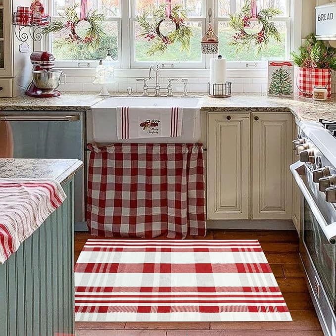 Christmas Plaid Outdoor Rug, 2'4" x 3'7" Red&White Check Indoor/Outdoor Area Rug, Layering Rug for Hello/Welcome Door Mat, Machine Washable Cotton Woven Rug for Farmhouse Front Porch,Entryway