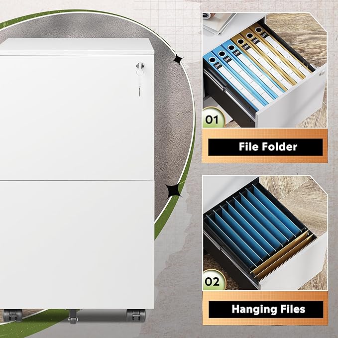 DEVAISE 2-Drawer Rolling File Cabinet with Lock, Metal Filing Cabinet for Home Office, Fully Assembled Under Desk, White, 17" D x 15" W x 27" H