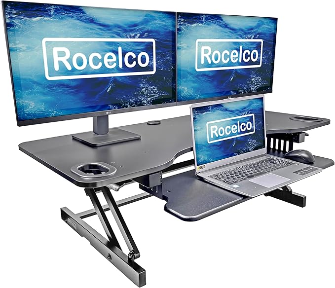 Rocelco 45" Height Adjustable Standing Desk Converter - Slide Out Retractable Keyboard Tray - Sit Stand Up Triple Monitor Riser - Dual Piston Lift Tabletop Computer Workstation - Black (R ADRB-45)