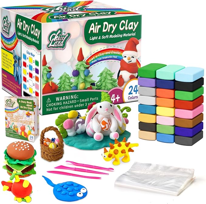 Chico Land 24 Colors Air Dry Clay, Gift for Boys & Girls Age 4+ Year Old, DIY Model Modeling Clay kit for Kids, with Sculpting Tools, Storage Bags, Kids Art Crafts