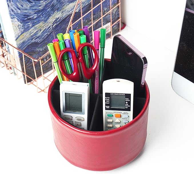 Hennaja Round Leather Art Supply Organizer,Remote Control Holder,360 Degree Spinning,Multi-Functional Pencil Holder,4 Compartments Desktop Stationary Organizer(1-Oil Red)